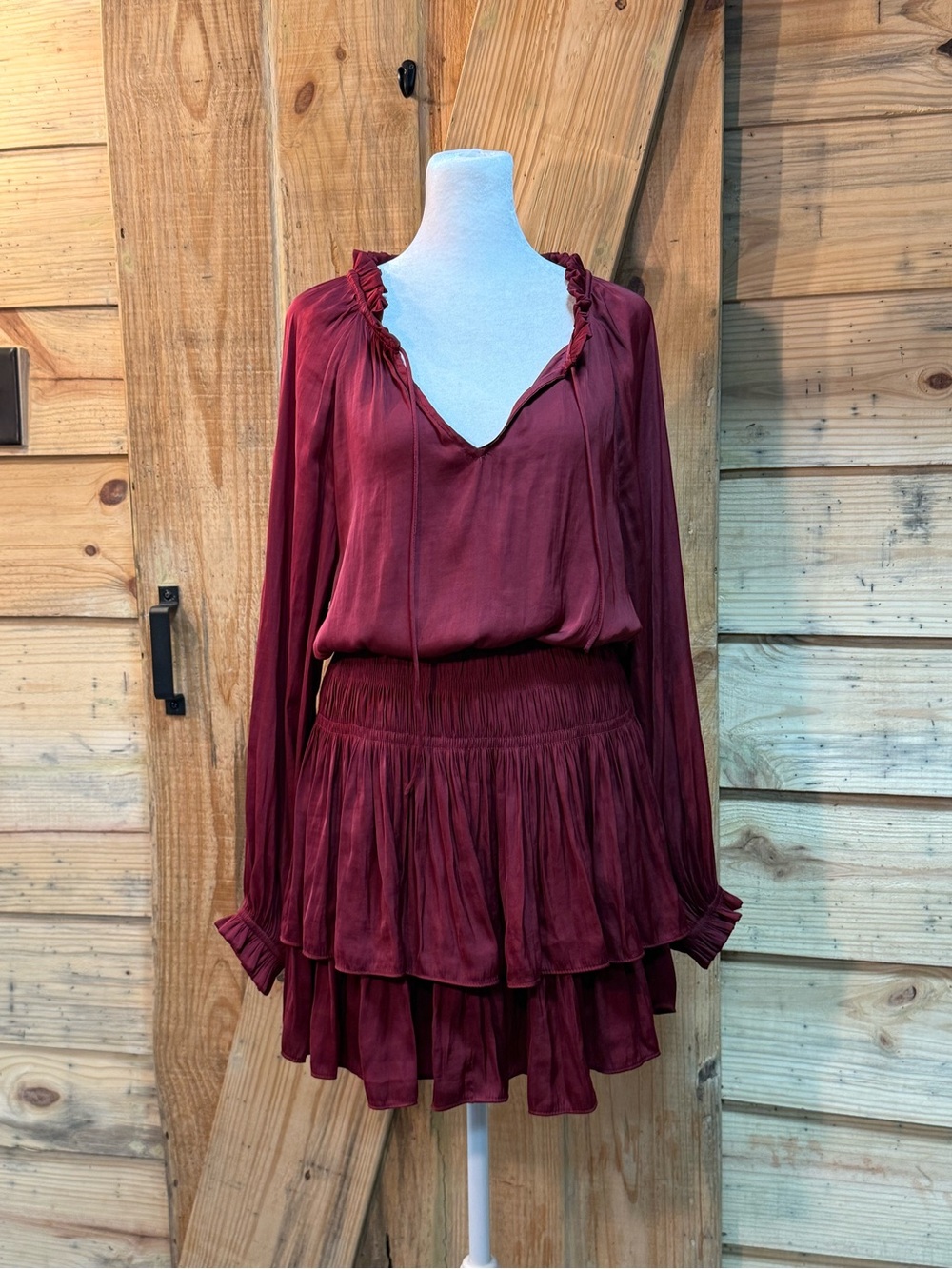 glam Wine Red Tiered Long-Sleeve Dress